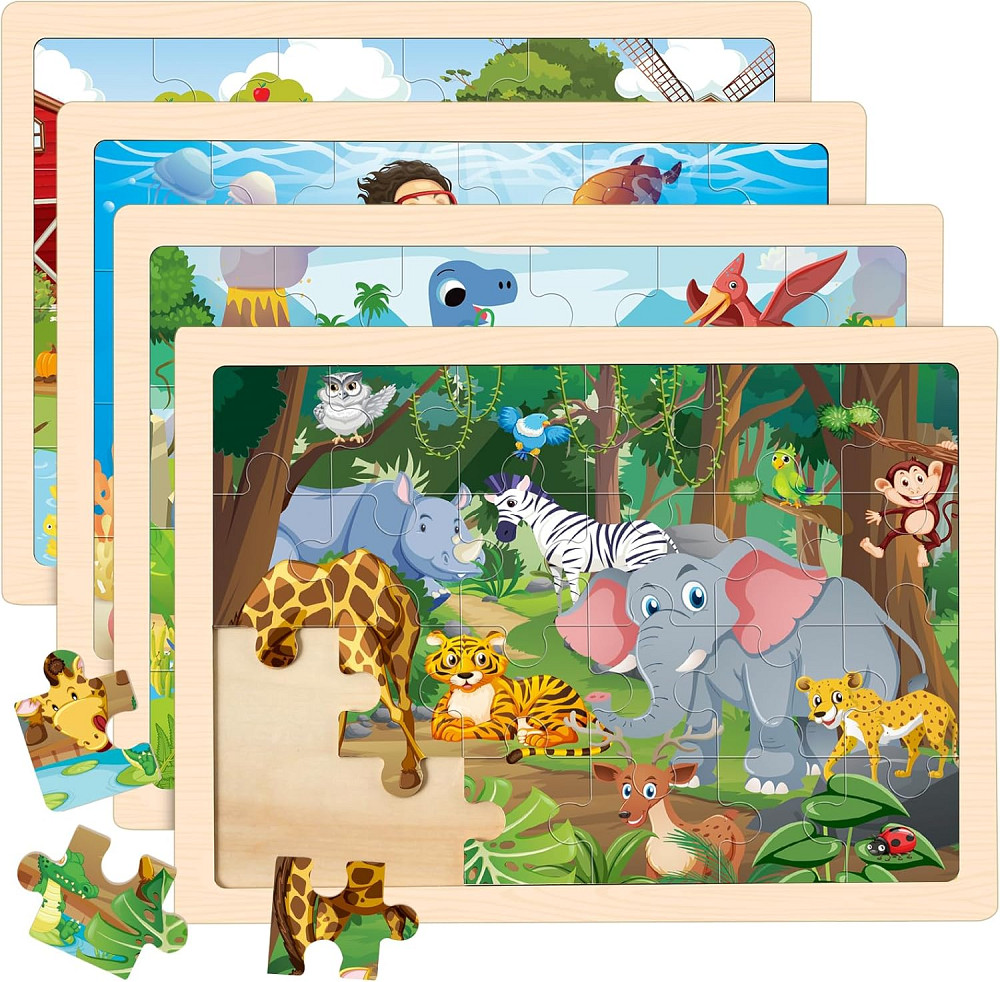 Wooden Animals Puzzles for Kids Age 3 4 5 Year Old, 4 Pack 24 Pcs Montessori Toddler Jigsaw Puzzles  Richmond - photo 1