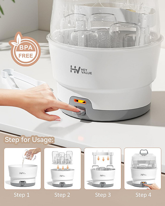 HEYVALUE Ease-Steam Bottle Sterilizer, Compact Baby Bottle Sterilizer, Fast One-Touch Operation (Est Richmond - photo 6