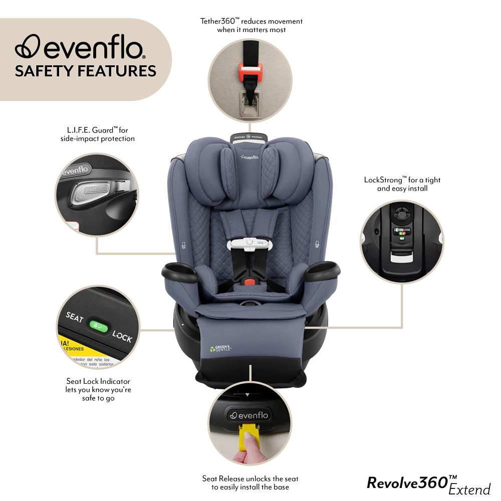 Evenflo Revolve360 Extend All-in-One Rotating Car Seat with Green & Gentle Fabric (Travertine) Richmond - photo 10