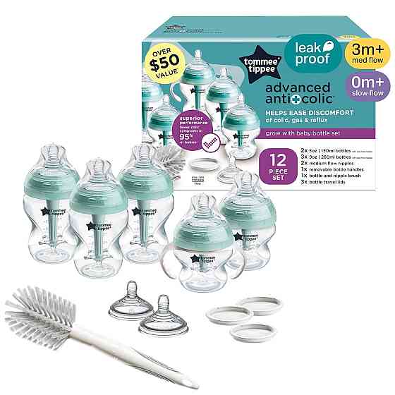 Tommee Tippee Advanced Anti-Colic 12 Piece Set, 5 oz and 9 oz BPA Free Bottles, Newborn 0+ Months, I Richmond