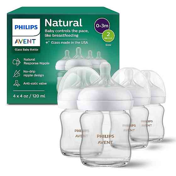 Philips Avent Natural Glass Baby Bottles with Natural Response Nipples (Slow Flow, Flow 2), 4oz, 4-P Richmond