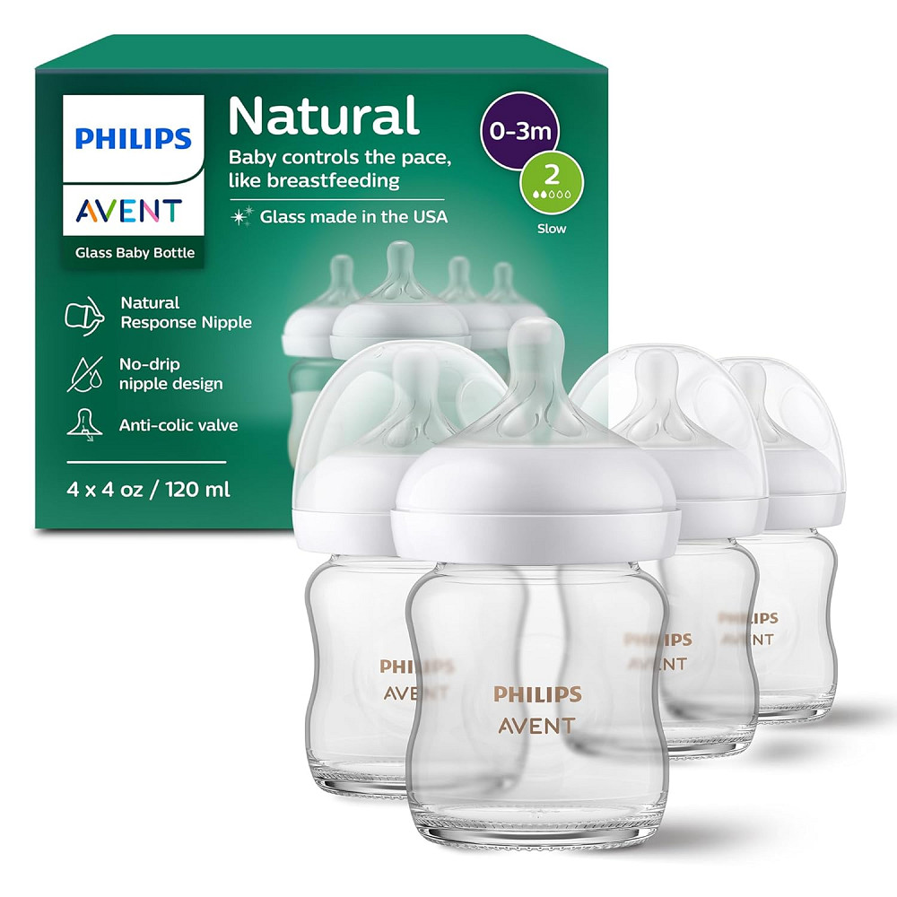 Philips Avent Natural Glass Baby Bottles with Natural Response Nipples (Slow Flow, Flow 2), 4oz, 4-P Richmond - photo 1