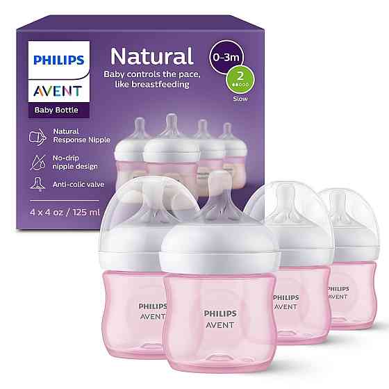 Philips Avent Natural Baby Bottles with Natural Response Nipples (Slow Flow, Flow 2), 4oz, Pink, 4-P Richmond