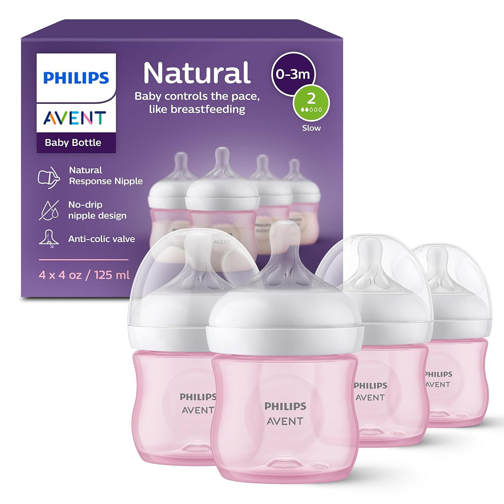 Philips Avent Natural Baby Bottles with Natural Response Nipples (Slow Flow, Flow 2), 4oz, Pink, 4-P Richmond - photo 1