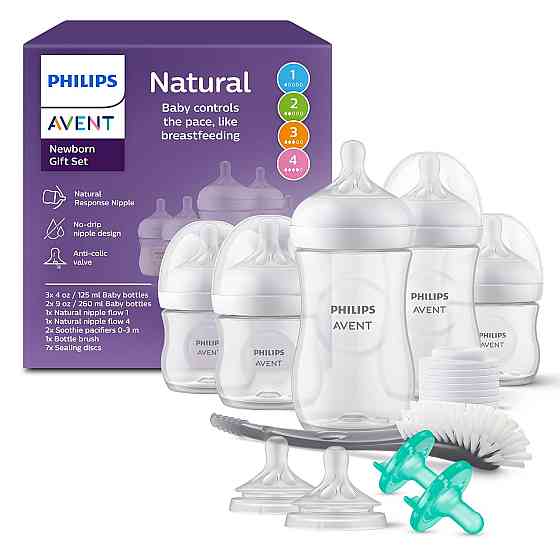 Philips Avent Natural Response Baby Gift Set - 3X 4oz Bottles with Slow Flow Nipple (Level 2), 2X 9o Richmond