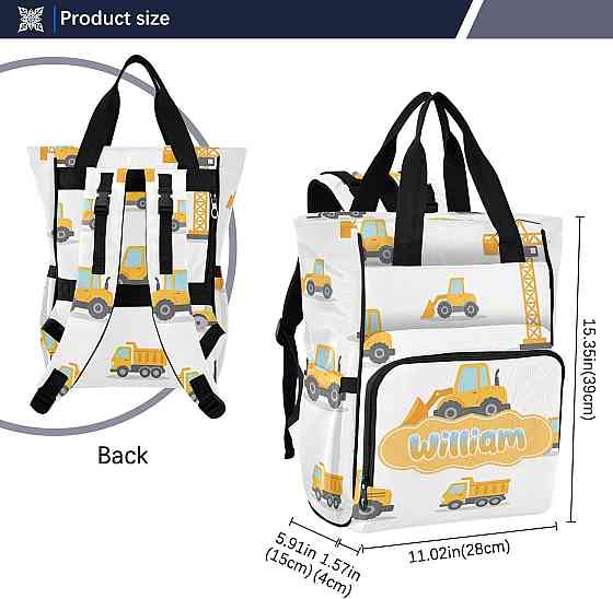 Personalized Excavator Diaper Bag Backpack, Minimalist Style Large Capacity Unisex Travel Baby Bag w Richmond