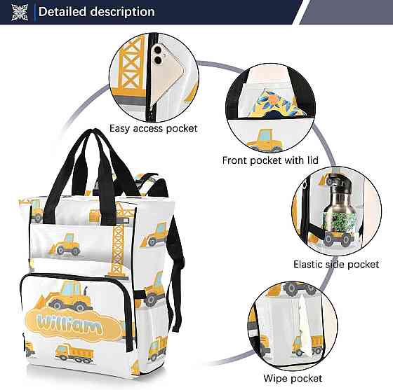 Personalized Excavator Diaper Bag Backpack, Minimalist Style Large Capacity Unisex Travel Baby Bag w Richmond