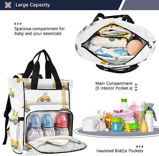 Personalized Excavator Diaper Bag Backpack, Minimalist Style Large Capacity Unisex Travel Baby Bag w Richmond
