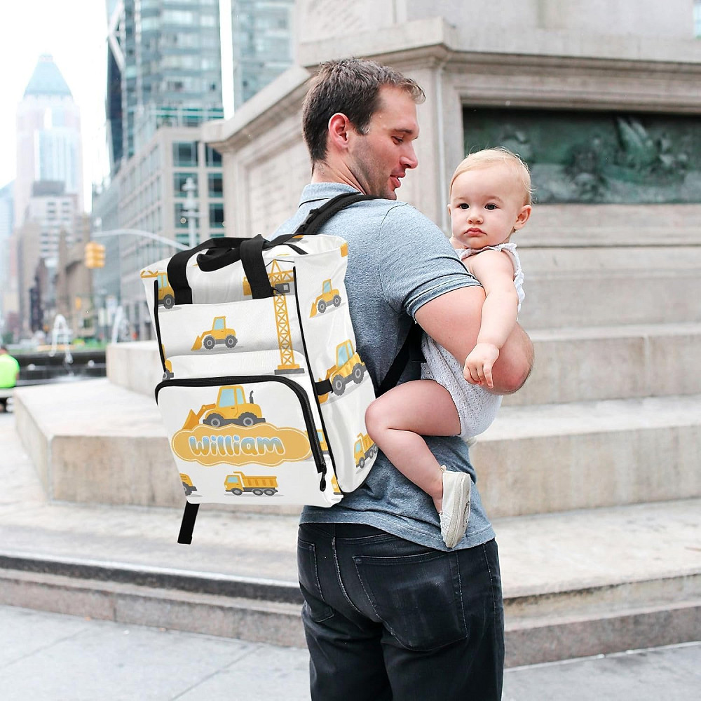 Personalized Excavator Diaper Bag Backpack, Minimalist Style Large Capacity Unisex Travel Baby Bag w Richmond - photo 7
