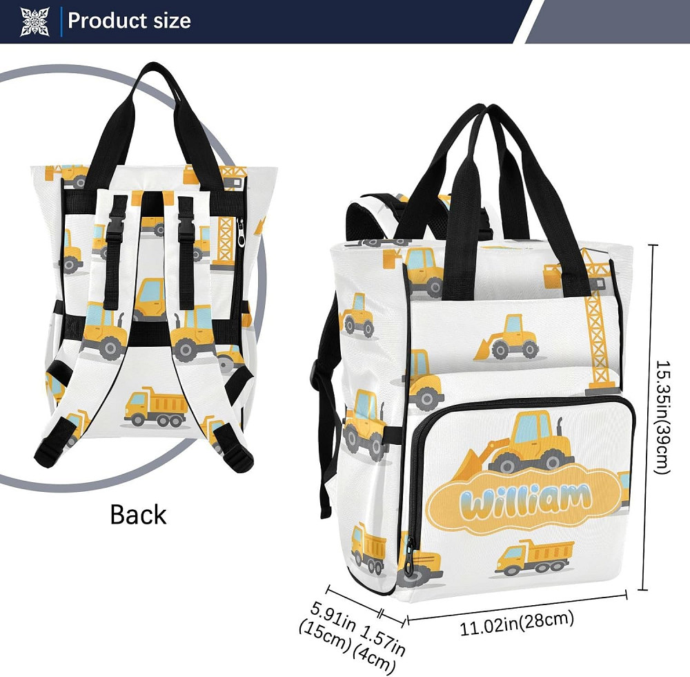 Personalized Excavator Diaper Bag Backpack, Minimalist Style Large Capacity Unisex Travel Baby Bag w Richmond - photo 3