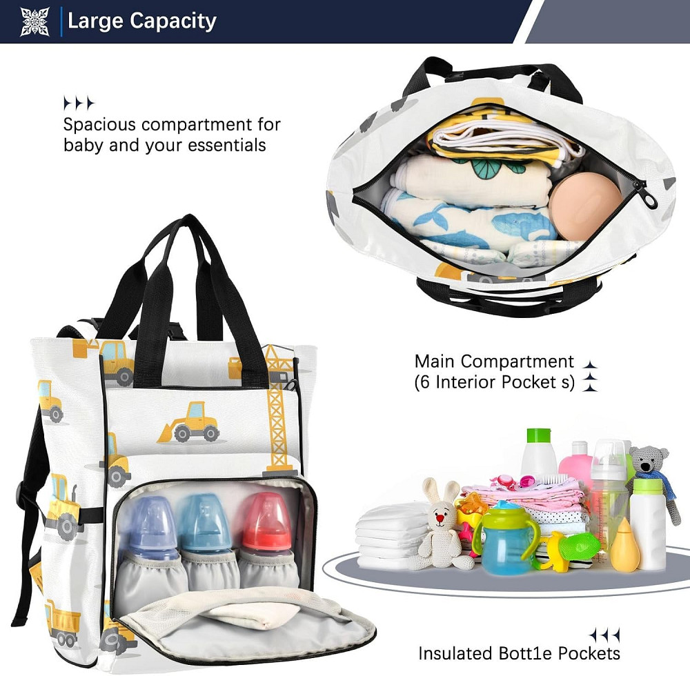 Personalized Excavator Diaper Bag Backpack, Minimalist Style Large Capacity Unisex Travel Baby Bag w Richmond - photo 6