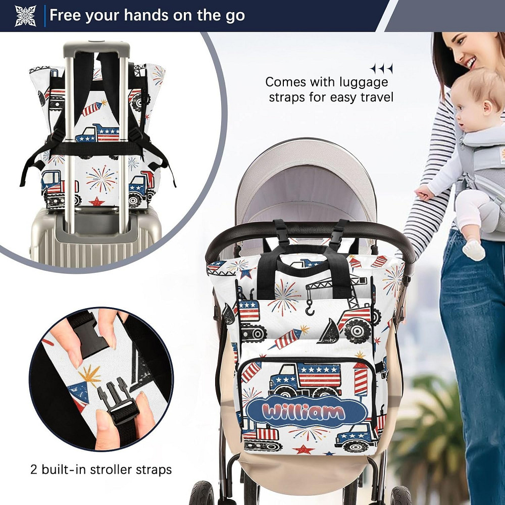 Personalized Fireworks Engineering Vehicle Diaper Bag Backpack, Large Capacity Unisex Travel Baby Ba Richmond - photo 5