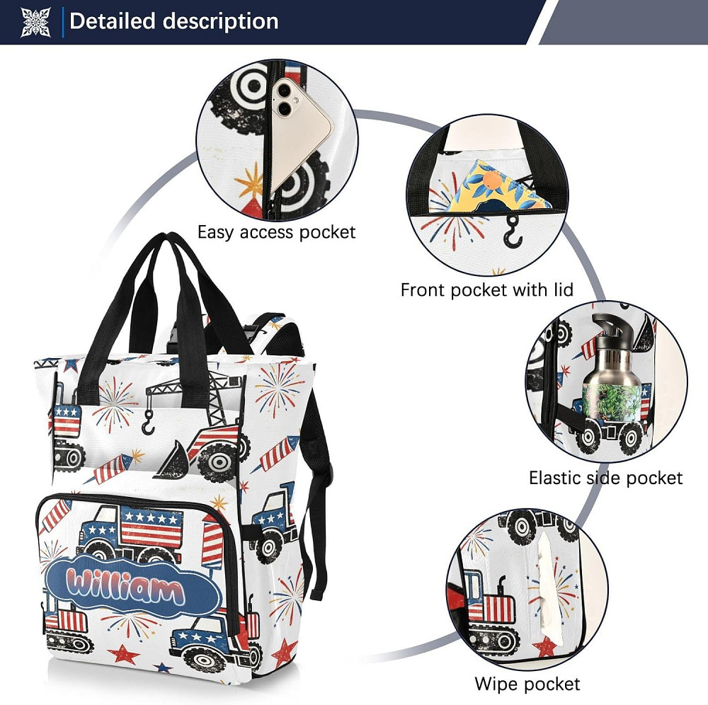 Personalized Fireworks Engineering Vehicle Diaper Bag Backpack, Large Capacity Unisex Travel Baby Ba Richmond - photo 4