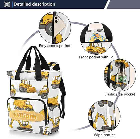 Personalized Builder Vehicles Diaper Bag Backpack, Toddler Classic Large Capacity Unisex Travel Baby Richmond