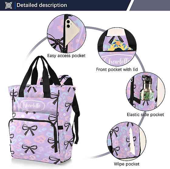 Personalized Diaper Bag Backpack, Large Capacity Baby Travel Bag for Mom Dad, Hand-drawn Purple Bow  Richmond