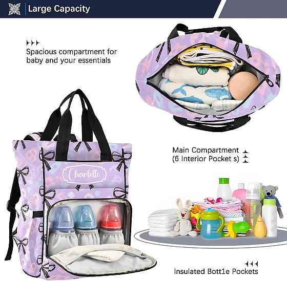 Personalized Diaper Bag Backpack, Large Capacity Baby Travel Bag for Mom Dad, Hand-drawn Purple Bow  Richmond
