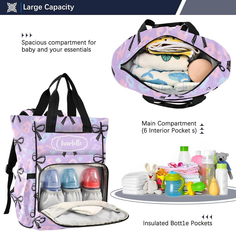 Personalized Diaper Bag Backpack, Large Capacity Baby Travel Bag for Mom Dad, Hand-drawn Purple Bow  Richmond - photo 6