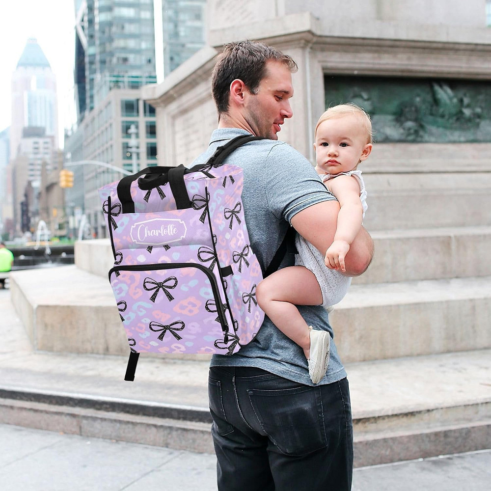 Personalized Diaper Bag Backpack, Large Capacity Baby Travel Bag for Mom Dad, Hand-drawn Purple Bow  Richmond - photo 7