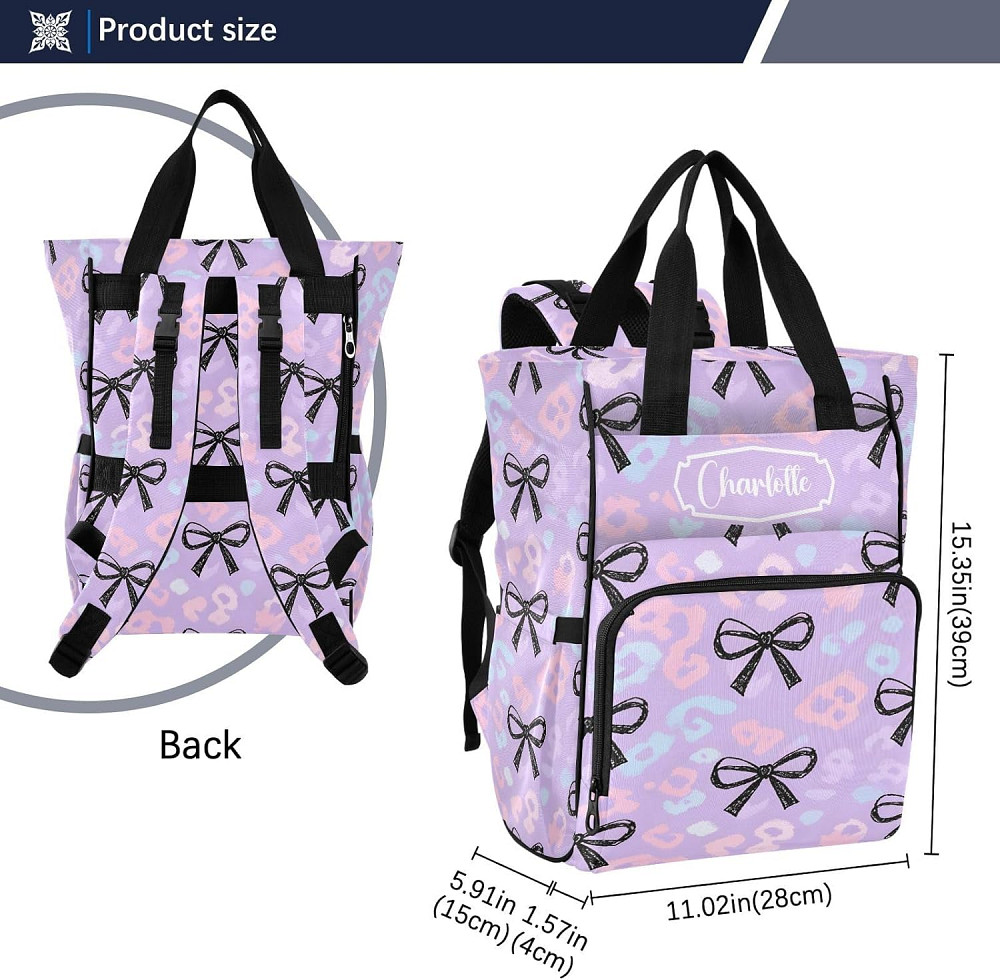 Personalized Diaper Bag Backpack, Large Capacity Baby Travel Bag for Mom Dad, Hand-drawn Purple Bow  Richmond - photo 3