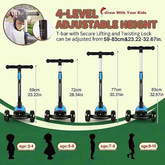 Besrey Kick Scooter for Kids Ages 3-10, 3-Wheel Folding Scooter with Adjustable Height, LED Light Wh Richmond