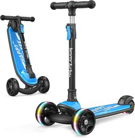 Besrey Kick Scooter for Kids Ages 3-10, 3-Wheel Folding Scooter with Adjustable Height, LED Light Wh