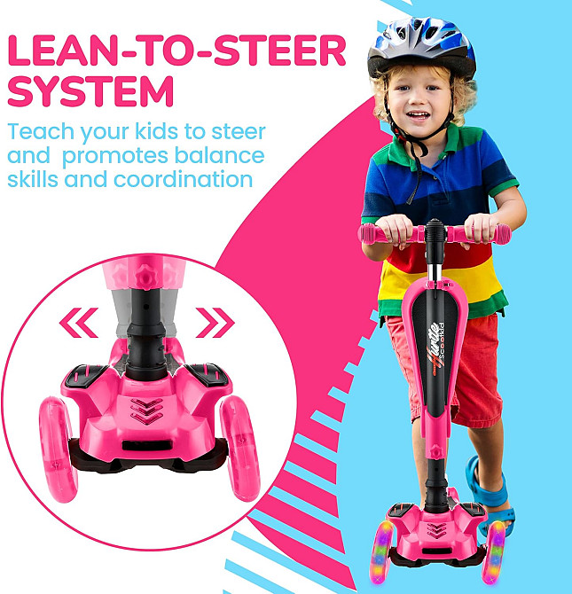 Hurtle 3-Wheeled Scooter for Kids - Wheel LED Lights, Adjustable Lean-to-Steer Handlebar, and Foldab Richmond - photo 7