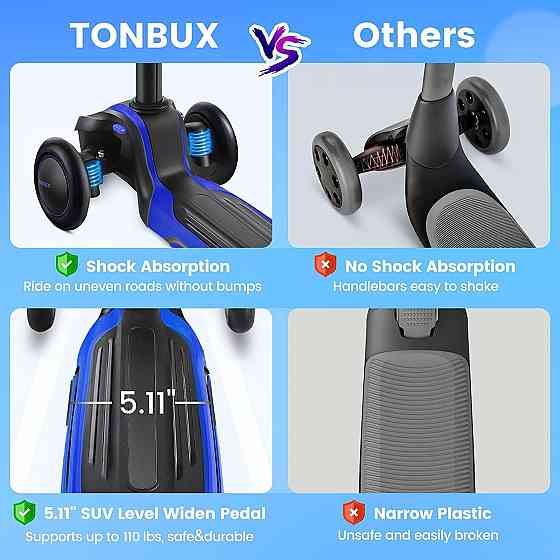 TONBUX Kids Scooter for Age 3-12, Toddler Scooter with 4 Adjustable Heights, Light Up 3-Wheels Scoot Richmond