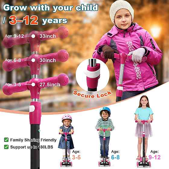 3 Wheel Kids Kick Scooter for Ages 3-12, Lean-to-Steer, Light-Up Wheels, 3-Level Adjustable Handleba Richmond