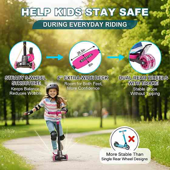 3 Wheel Kids Kick Scooter for Ages 3-12, Lean-to-Steer, Light-Up Wheels, 3-Level Adjustable Handleba Richmond