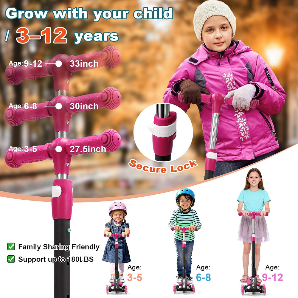 3 Wheel Kids Kick Scooter for Ages 3-12, Lean-to-Steer, Light-Up Wheels, 3-Level Adjustable Handleba Richmond - photo 5