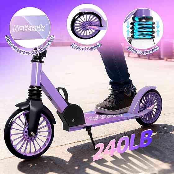 Nattork Kick Scooter for Age 6+ Kids Teens Adults, Max Load 240 LBS, Adjustable Height Foldable with Richmond
