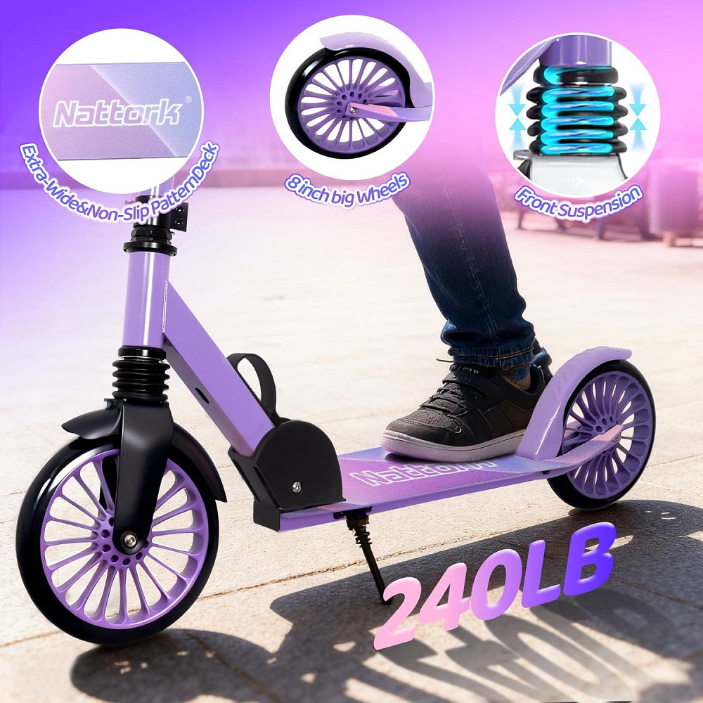 Nattork Kick Scooter for Age 6+ Kids Teens Adults, Max Load 240 LBS, Adjustable Height Foldable with Richmond - photo 2