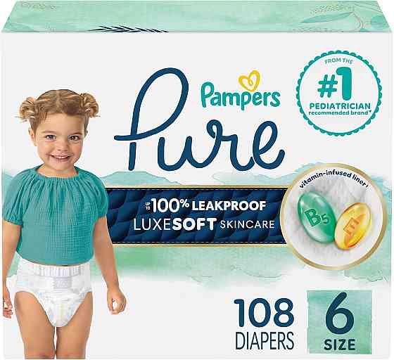 Pampers Pure Baby Diapers, Size 6 (35+ lbs), 108, Up to 100% Leakproof, Premium Hypoallergenic Soft  Richmond