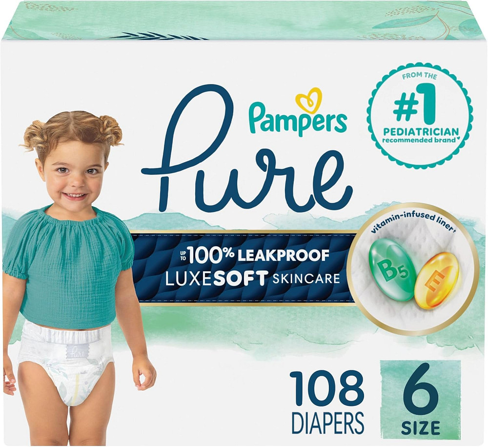 Pampers Pure Baby Diapers, Size 6 (35+ lbs), 108, Up to 100% Leakproof, Premium Hypoallergenic Soft  Richmond - photo 1