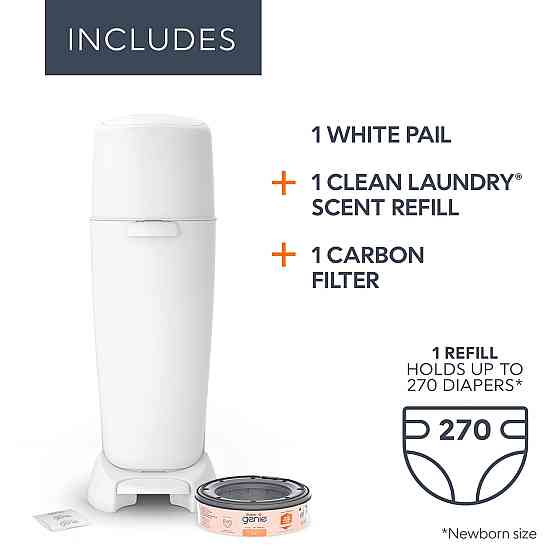 Diaper Genie Complete Diaper Pail (White) – Includes 1 Refill (Holds 270 Newborn Diapers) & 1 Carbon Richmond