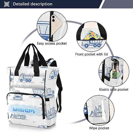 Personalized Diaper Bag Backpack with Custom Name, Blue Construction Vehicle Customizable Name Diape Richmond