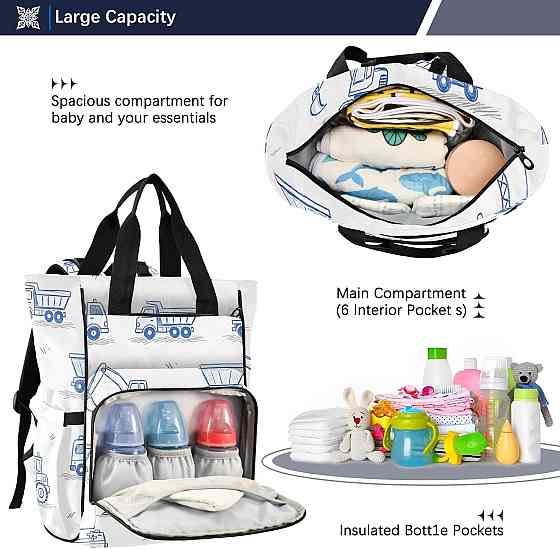 Personalized Diaper Bag Backpack with Custom Name, Blue Construction Vehicle Customizable Name Diape Richmond
