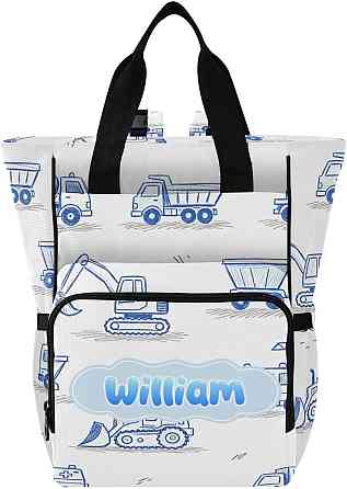 Personalized Diaper Bag Backpack with Custom Name, Blue Construction Vehicle Customizable Name Diape