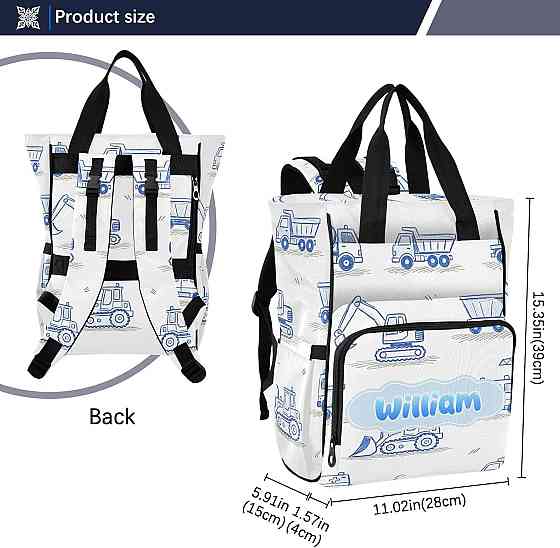 Personalized Diaper Bag Backpack with Custom Name, Blue Construction Vehicle Customizable Name Diape Richmond