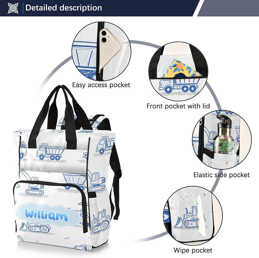 Personalized Diaper Bag Backpack with Custom Name, Blue Construction Vehicle Customizable Name Diape Richmond - photo 4