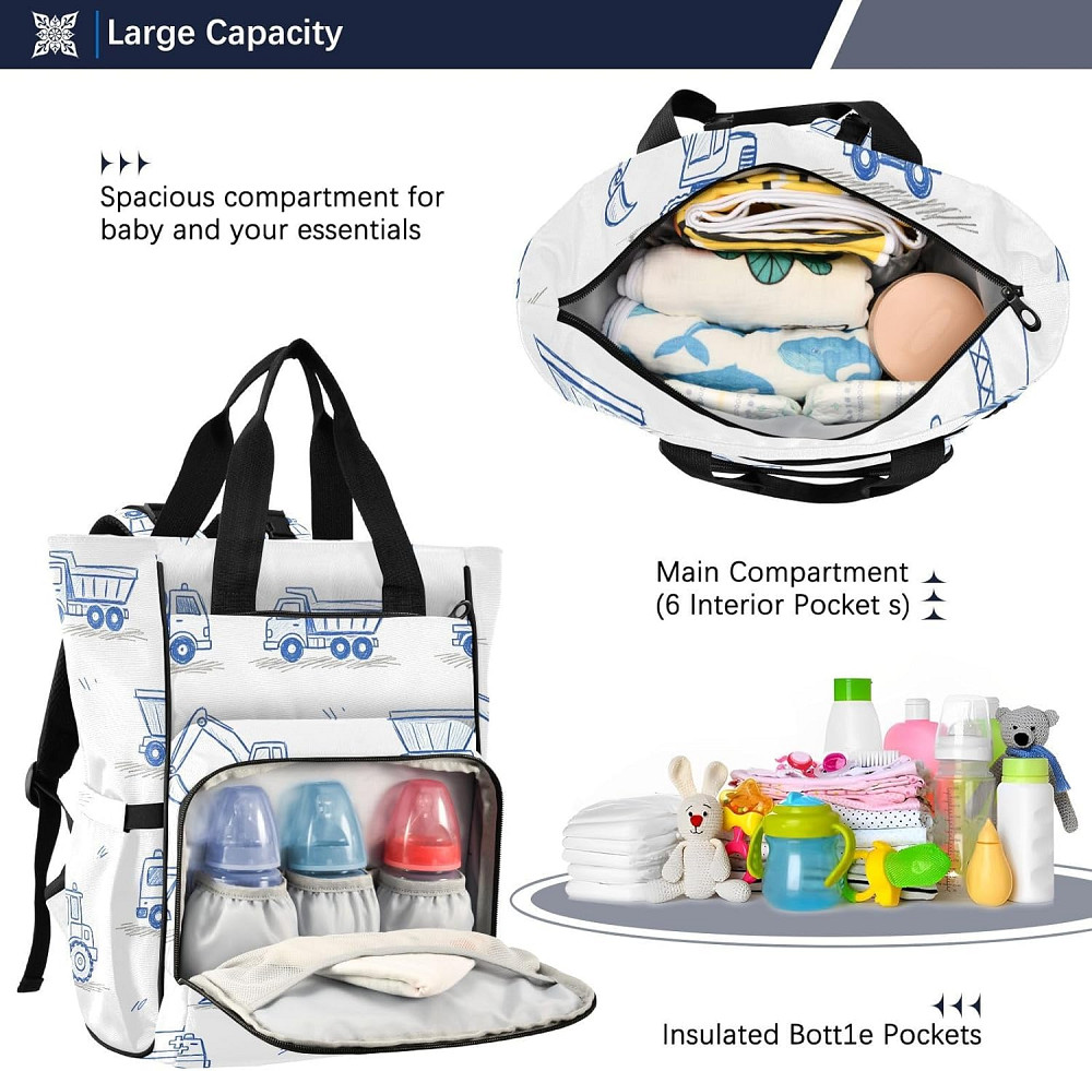 Personalized Diaper Bag Backpack with Custom Name, Blue Construction Vehicle Customizable Name Diape Richmond - photo 6