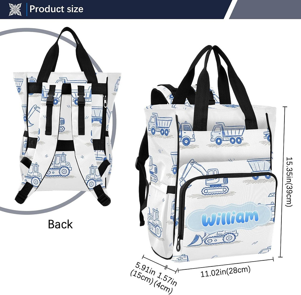 Personalized Diaper Bag Backpack with Custom Name, Blue Construction Vehicle Customizable Name Diape Richmond - photo 3
