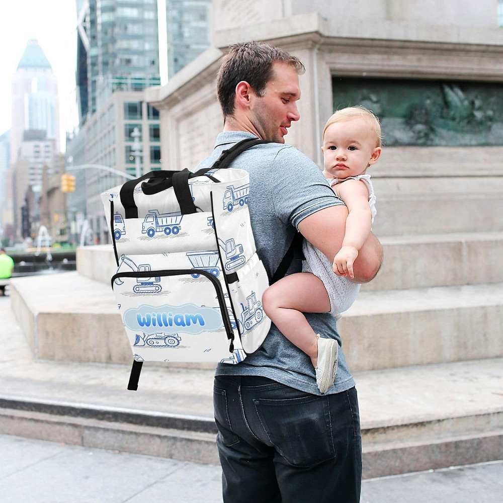 Personalized Diaper Bag Backpack with Custom Name, Blue Construction Vehicle Customizable Name Diape Richmond - photo 7