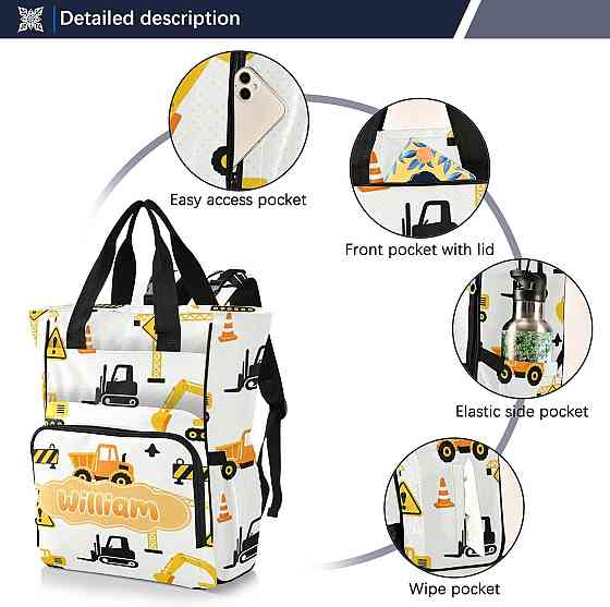 Personalized Diaper Bag Backpack with Custom Name, Black & Yellow Roadwork Construction Customizable Richmond