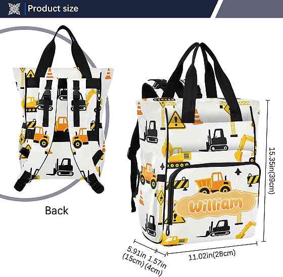 Personalized Diaper Bag Backpack with Custom Name, Black & Yellow Roadwork Construction Customizable Richmond
