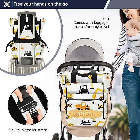 Personalized Diaper Bag Backpack with Custom Name, Black & Yellow Roadwork Construction Customizable Richmond