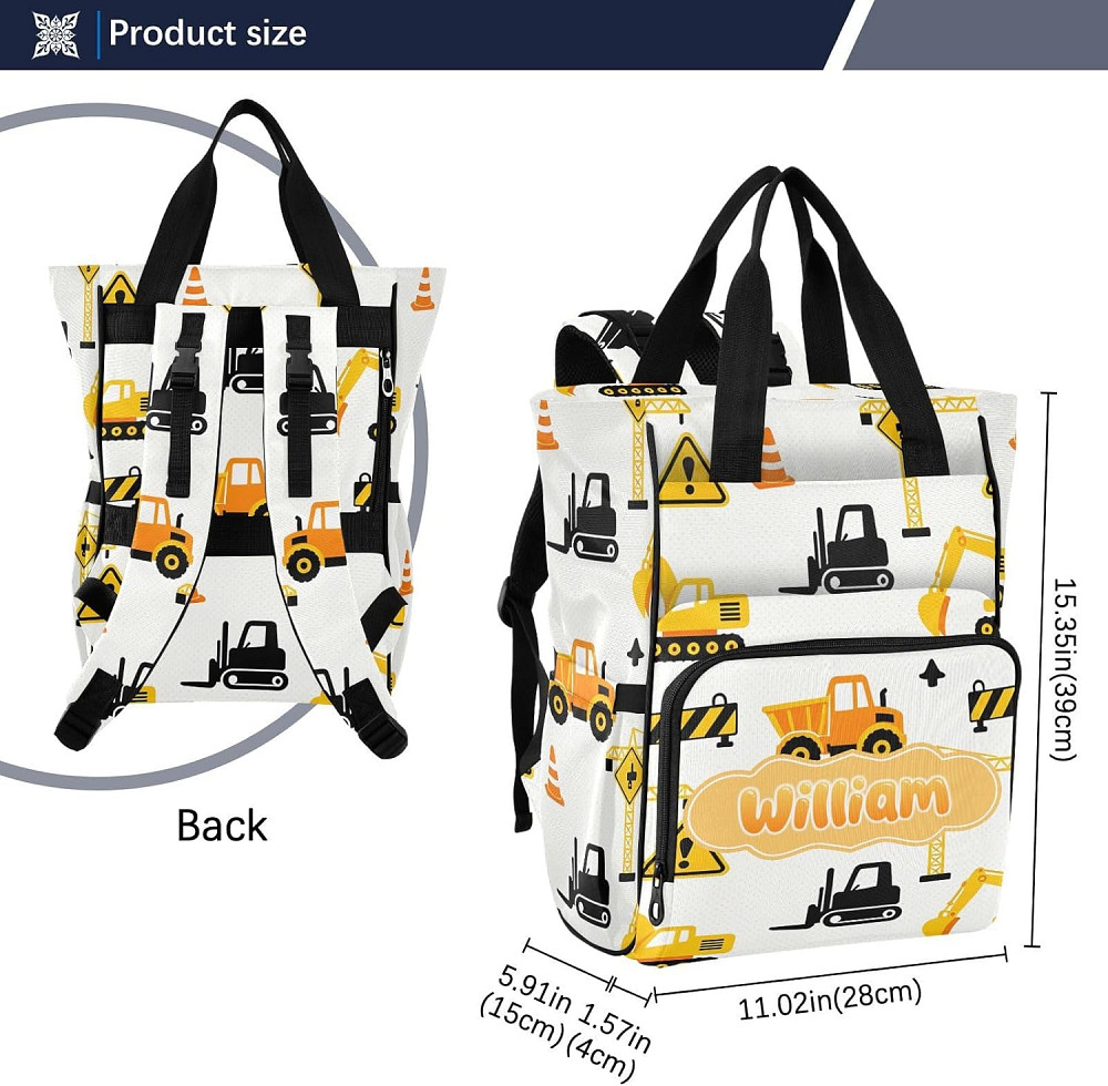 Personalized Diaper Bag Backpack with Custom Name, Black & Yellow Roadwork Construction Customizable Richmond - photo 3