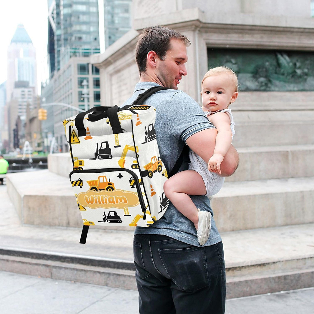 Personalized Diaper Bag Backpack with Custom Name, Black & Yellow Roadwork Construction Customizable Richmond - photo 7