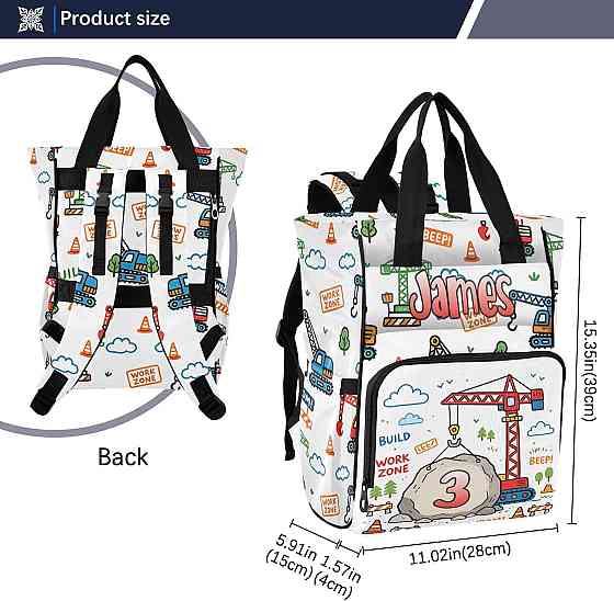 Personalized Diaper Bag Backpack with Custom Name Age, Engineering Series: Crane Customizable Name D Richmond