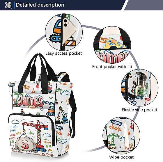 Personalized Diaper Bag Backpack with Custom Name Age, Engineering Series: Crane Customizable Name D Richmond